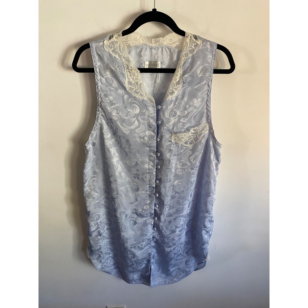 Partners‎ Vintage Light Blue Satin Jacquard Lace Trim Sleeveless Blouse Small